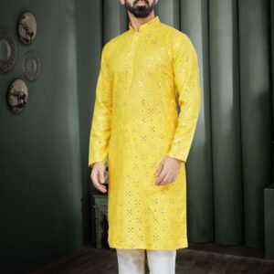 Yellow Haldi Rasham Mirror Work Cotton Men Kurta Set