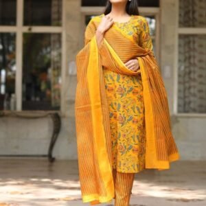 Yellow Hand Block Printed Cotton Kurti Set