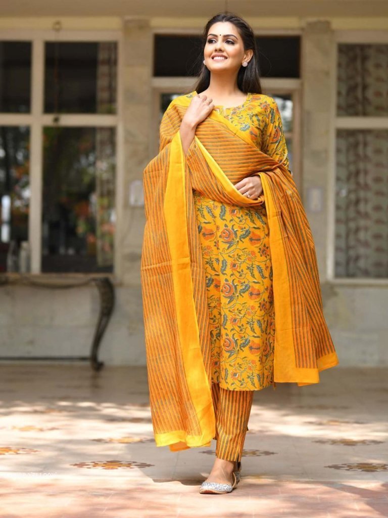 yellow hand block printed cott 1713531073 Yellow Hand Block Printed Cotton Kurti Set
