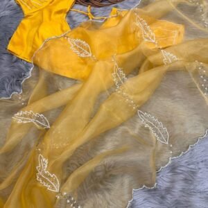Yellow Hand Work Pink Pure Soft Organza Silk Saree