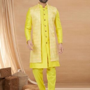 Yellow Indo Western Jacket Kurta Set with Mirror Sequins Work