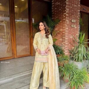 Yellow Japan Satin Wedding Wear Farshi Palazzo