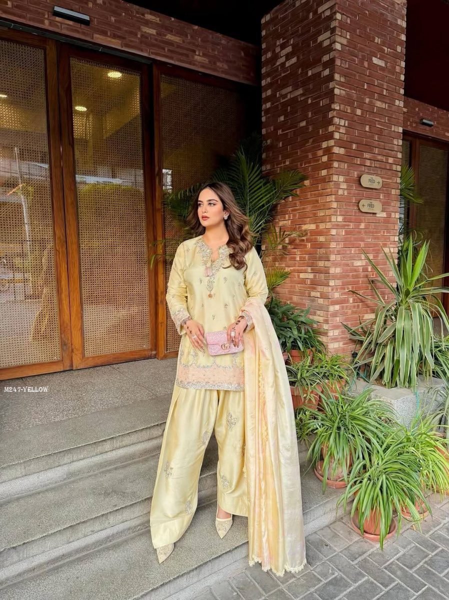 yellow japan satin wedding wea 1777971806 Yellow Japan Satin Wedding Wear Farshi Palazzo