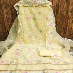 Yellow Organza Silk Embroidery Unstitch Suit