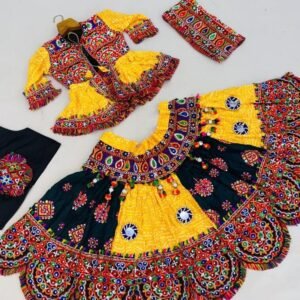 Yellow Navratri Traditional 4PC Kids Lehenga Set With Kedia And Cap