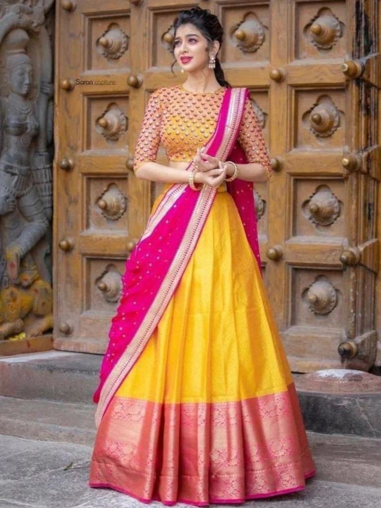 yellow new traditional kanjive 1735125181 Yellow New Traditional Kanjiveram Silk Lehenga