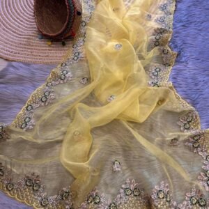 Yellow Organza Zari Work Saree For Women