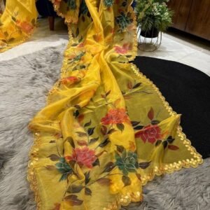 Yellow Party Wear Handwork Pure Organza Saree