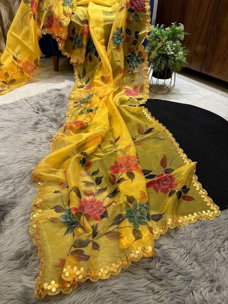 yellow party wear handwork pur 1731935288 Yellow Party Wear Handwork Pure Organza Saree