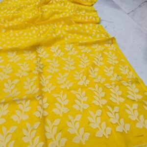 Yellow Pearl Print Jharapata Muslin Cotton Soft Jamdani Saree