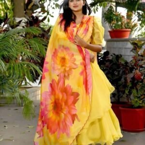 Yellow Plain Readymade Tebby Silk Gown With Printed Dupatta