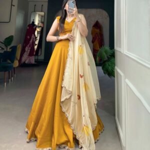 Yellow Plain Viscose Chanderi Lehenga With Organza Printed Dupatta