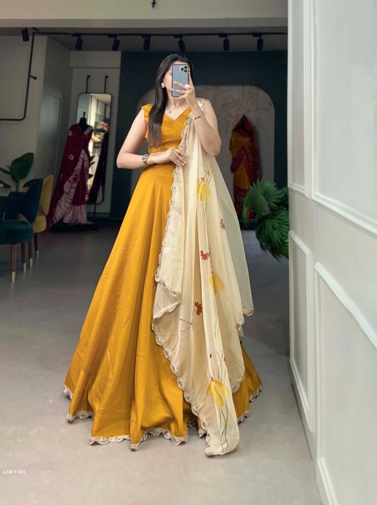 yellow plain viscose chanderi 1712744389 Yellow Plain Viscose Chanderi Lehenga With Organza Printed Dupatta