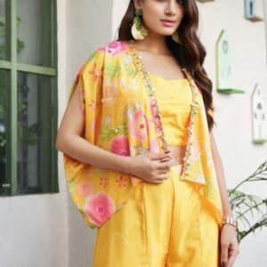 Yellow Pure Crepe Embroidered Top bottom With Shrug
