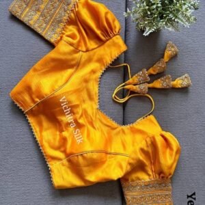 Yellow Readymade Vichitra Silk Blouse With Puff And Gota Less