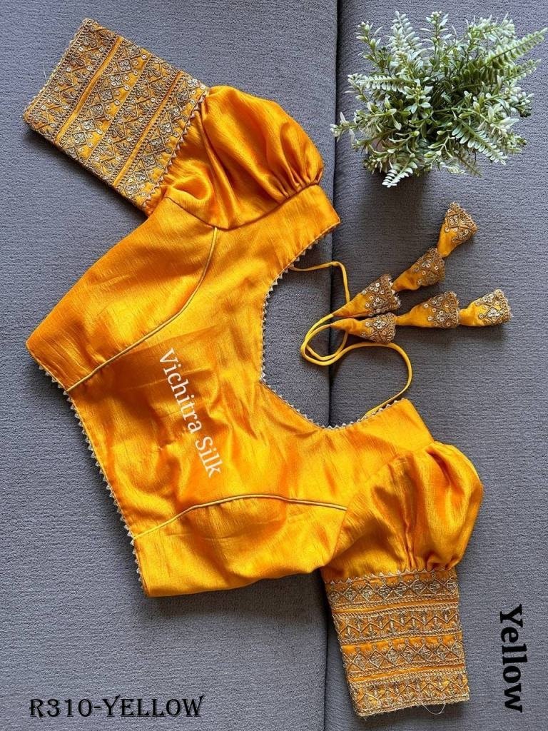 yellow readymade vichitra silk 1726915484 Yellow Readymade Vichitra Silk Blouse With Puff And Gota Less