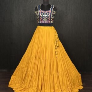 Yellow Real Mirror Work Rayon Navratri Lehenga Choli With Blue Blouse