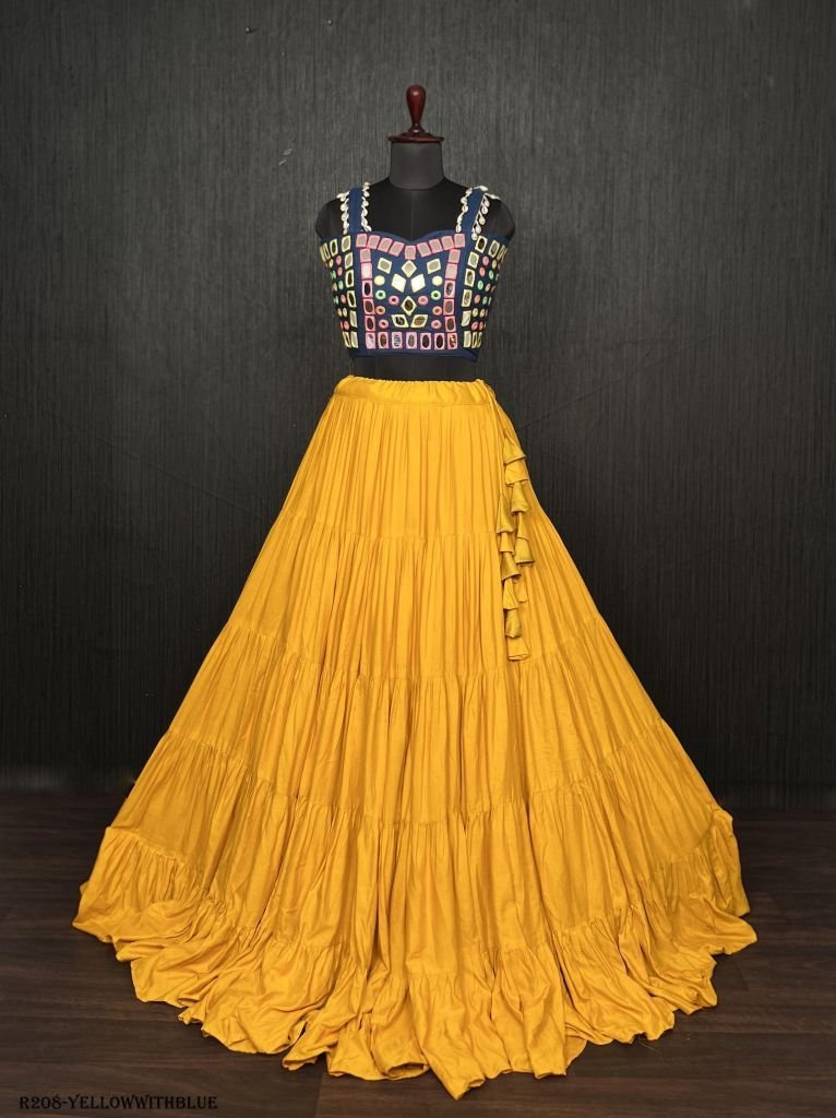 yellow real mirror work rayon 1722324401 Yellow Real Mirror Work Rayon Navratri Lehenga Choli With Blue Blouse