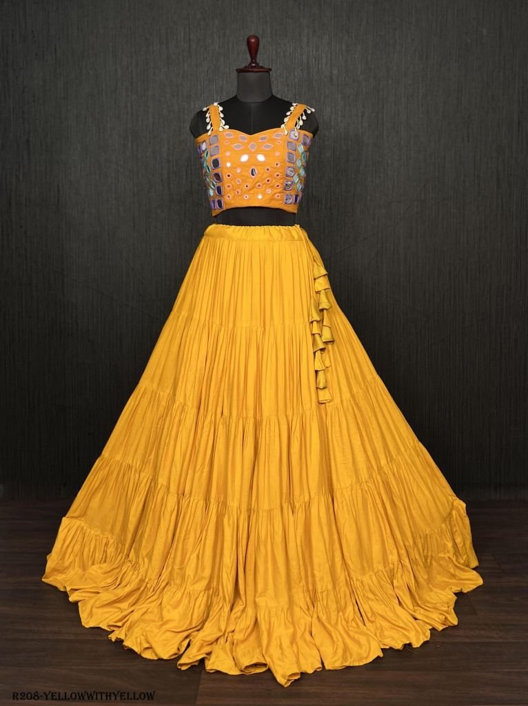 yellow real mirror work rayon 1722324511 Yellow Real Mirror Work Rayon Navratri Lehenga Choli With Yellow Blouse