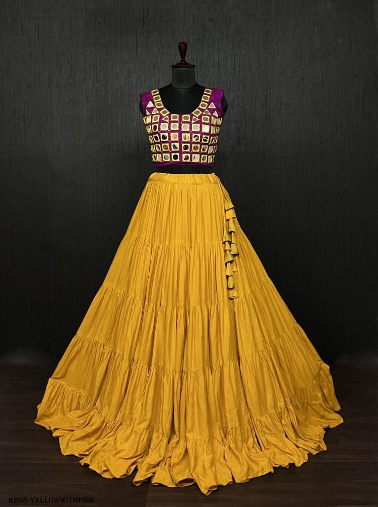 yellow real mirror work rayon 1722324577 Yellow Real Mirror Work Rayon Navratri Lehenga Choli With Pink Blouse