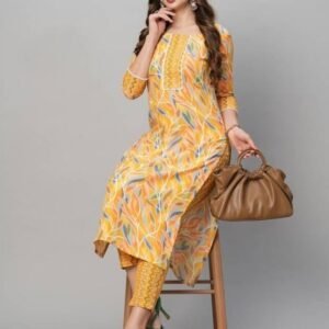 Yellow Regular Wear Printed Soft Cotton Kurtis With Pant