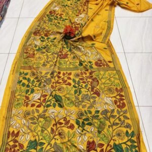 Yellow Soft Bangalori Handcraft Kanthastich Saree