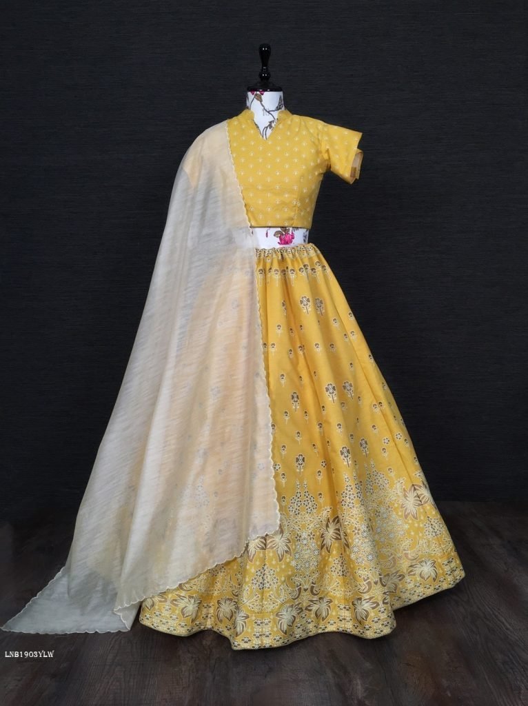 yellow wedding aada slub silk 1713355210 Yellow Wedding Aada Slub Silk Lehenga Choli