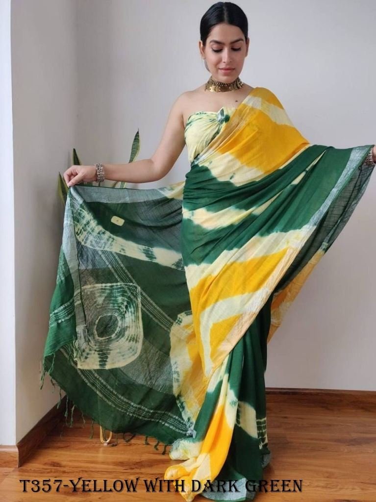 yellow with dark green shibori 1725011267 Yellow With Dark Green Shibori Saree With Blouse