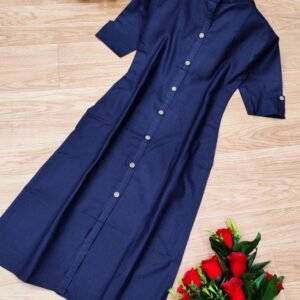 Yellow Wooden Button With Pocket Blue Cotton Kurti