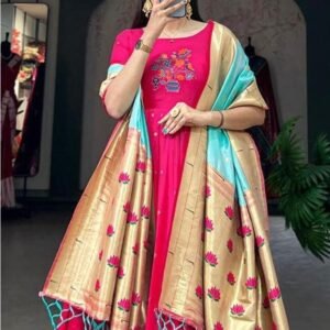 Zari Superb Pink Color Jacquard Silk Paithani Gown With Dupatta
