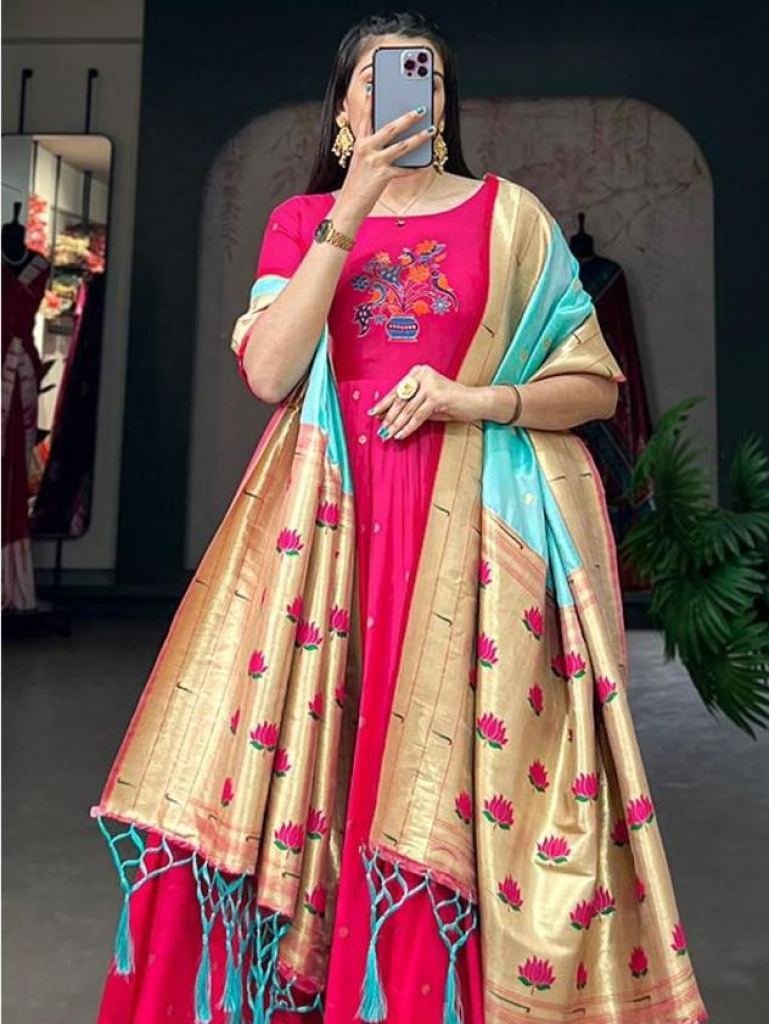 zari superb pink color jacquar 1732013518 Zari Superb Pink Color Jacquard Silk Paithani Gown With Dupatta