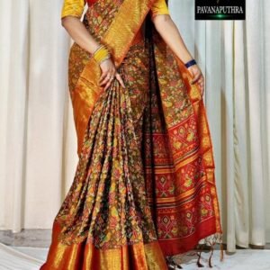 Jacquard Zari Weaving Border With Kalamkari Printed Orange Saree