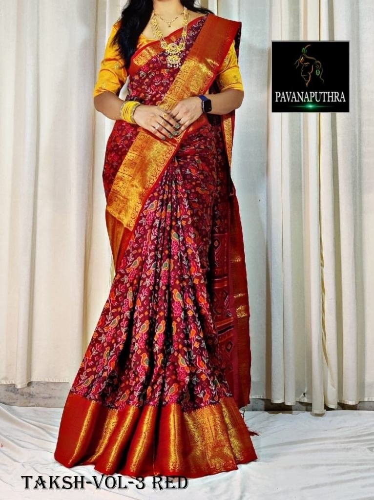 zari weaving border with kalam 1716793778 Jacquard Zari Weaving Border With Kalamkari Printed Red Saree