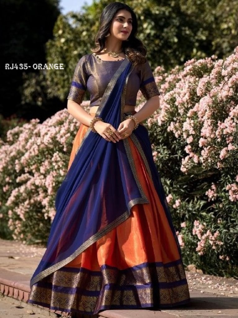 zari weaving work orange color 1754045278 Zari Weaving Work Orange Color Half Lehenga